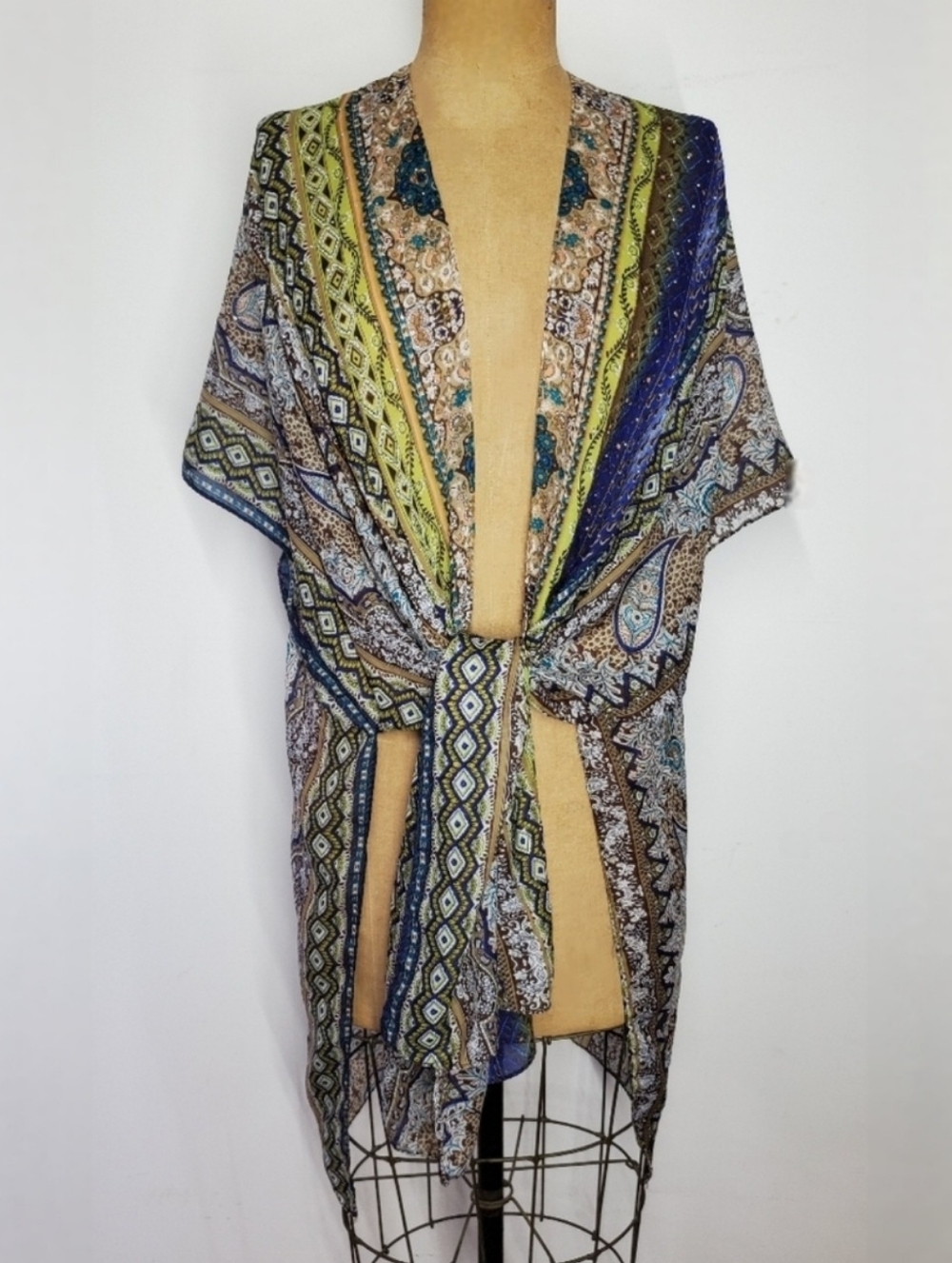 Jessica McClintock Scarf Shawl Wrap Cardigan Indigo Olive Paisley Floral Stripe - Picture 5 of 10